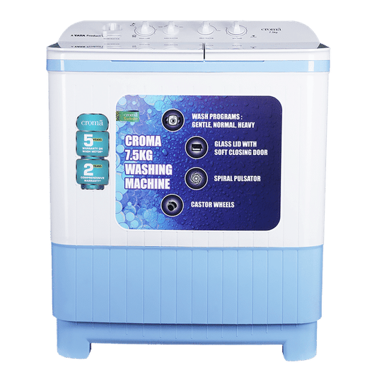 Croma 7.5 kg Semi Automatic Washing Machine with Auto Unbalancing Detection (CRAW2223, White)