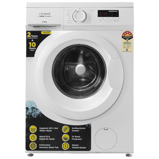 Croma 6 kg 5 Star Fully Automatic Front Load Washing Machine (CRLWFL0605W7901, In-built Heater, White)