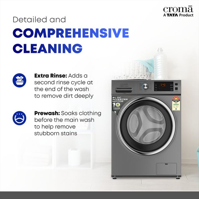 Croma 7.5 kg 5 Star Fully Automatic Front Load Washing Machine (CRLWFL0755W7903, Invertor Motor Technology, Silver Grey)