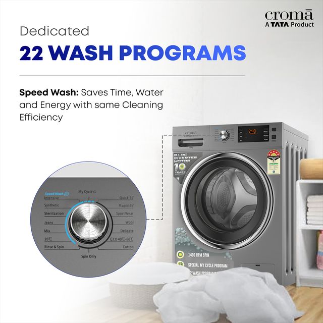 Croma 8.5 kg 5 Star Fully Automatic Front Load Washing Machine (CRLWFL0855W7904, BLDC Invertor Motor, Silver Grey)