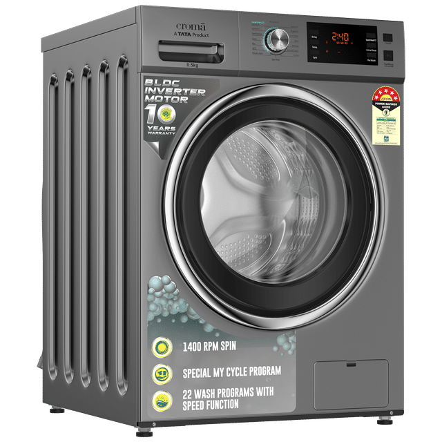 Croma 8.5 kg 5 Star Fully Automatic Front Load Washing Machine (CRLWFL0855W7904, BLDC Invertor Motor, Silver Grey)