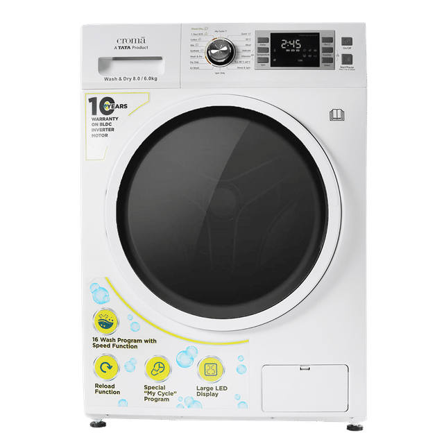 Croma 8/6 kg Fully Automatic Front Load Washer Dryer Combo (CRLWWD0805W7991, Built-In Heater, White)