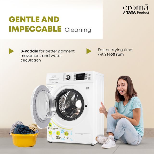 Croma 8/6 kg Fully Automatic Front Load Washer Dryer Combo (CRLWWD0805W7991, Built-In Heater, White)