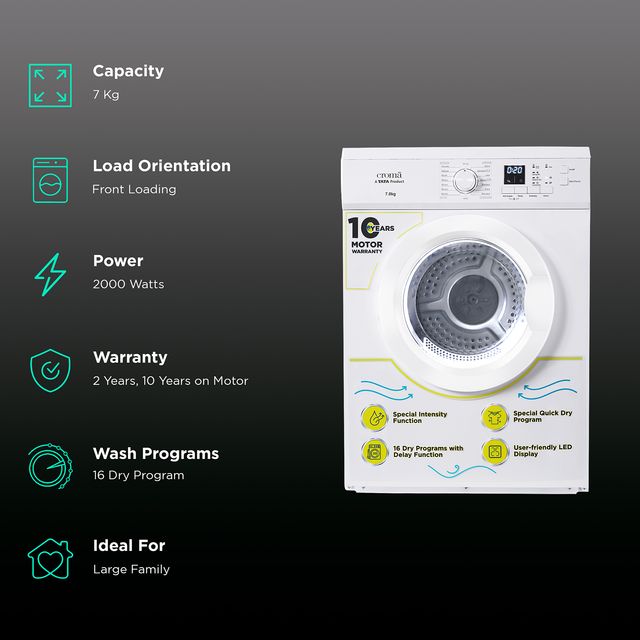 Croma 7 kg Fully Automatic Front Load Dryer (Fixed Frequency Motor, CRLWDR0705W7996, White)