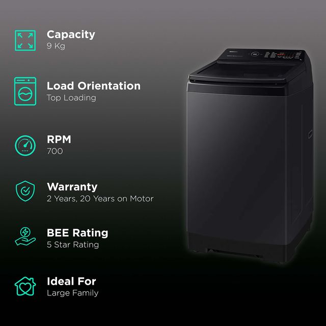 SAMSUNG 9 kg 5 Star Fully Automatic Top Load Washing Machine (WA90BG4546BVTL, Smart Control with Wi-Fi, Black Caviar)