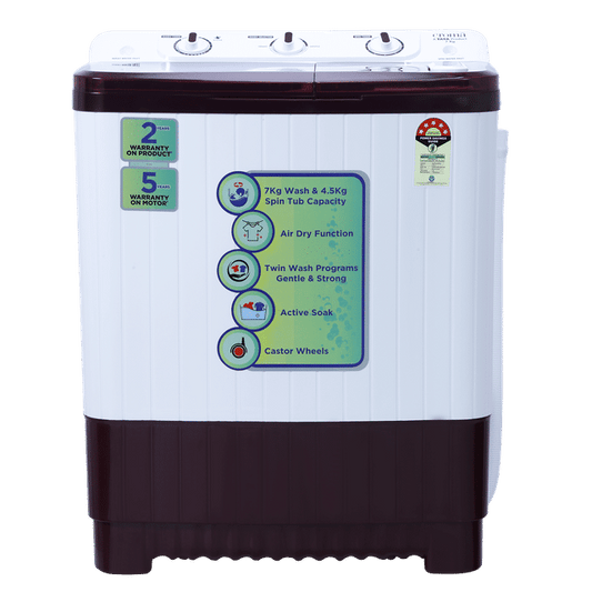 Croma 7 kg 5 Star Semi Automatic Washing Machine with Built-in Soak Function (CRLW070SMF248601, Burgandy)