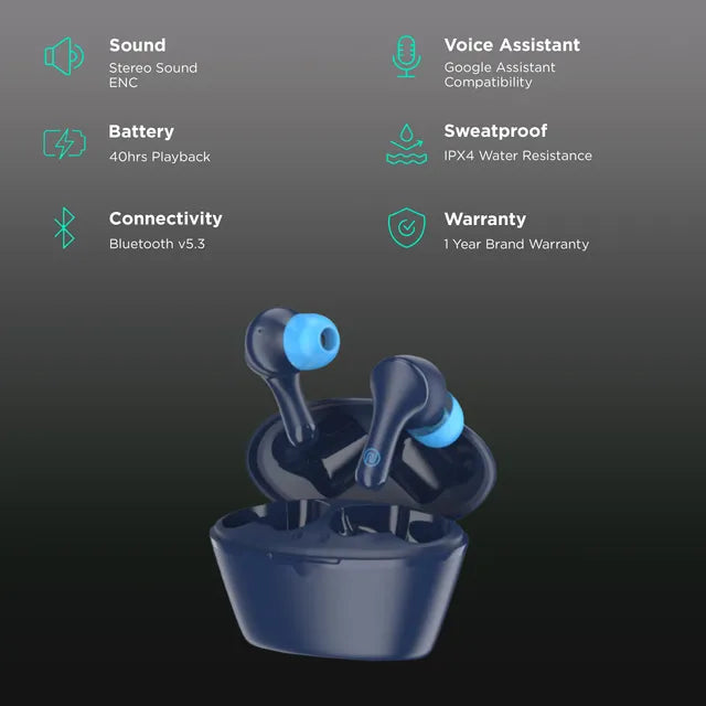 noise Buds VS204 TWS Earbuds with Environmental Noise Cancellation (IPX4 Water Resistant, Upto 50 Hours Playtime, Space Blue)