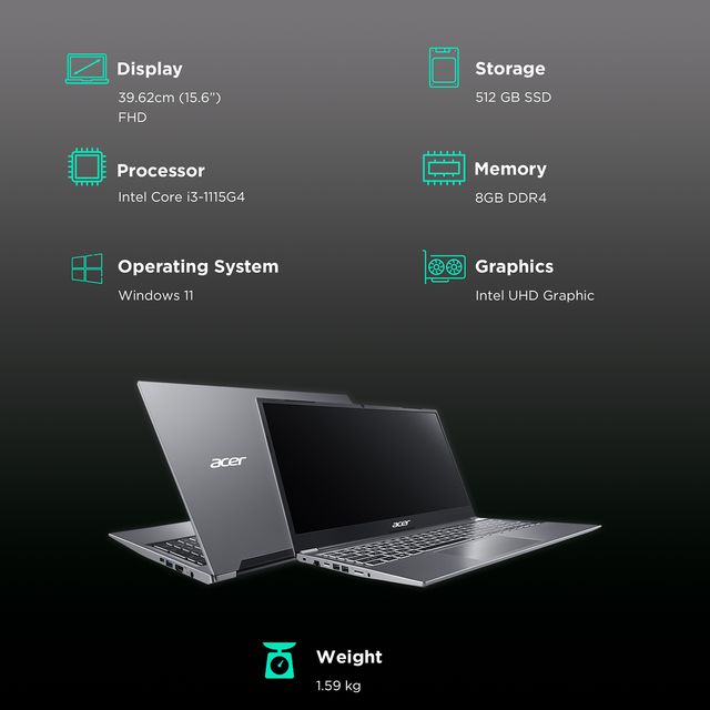 acer Aspire Lite Intel Core i3 11th Gen Thin and Light Laptop (8GB, 512GB SSD, Windows 11 Home, 15.6 inch FHD LED Backlit Display, MS Office 2021, Steel Gray, 1.59 KG)