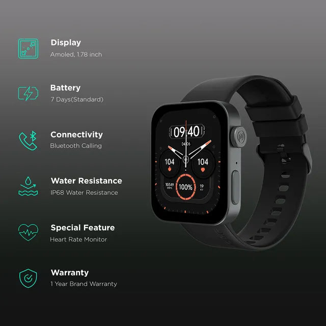 noise ColorFit Caliber 3 Smartwatch with Bluetooth Calling (45.2mm AMOLED Display, IP68 Water Resistant, Jet Black Strap)