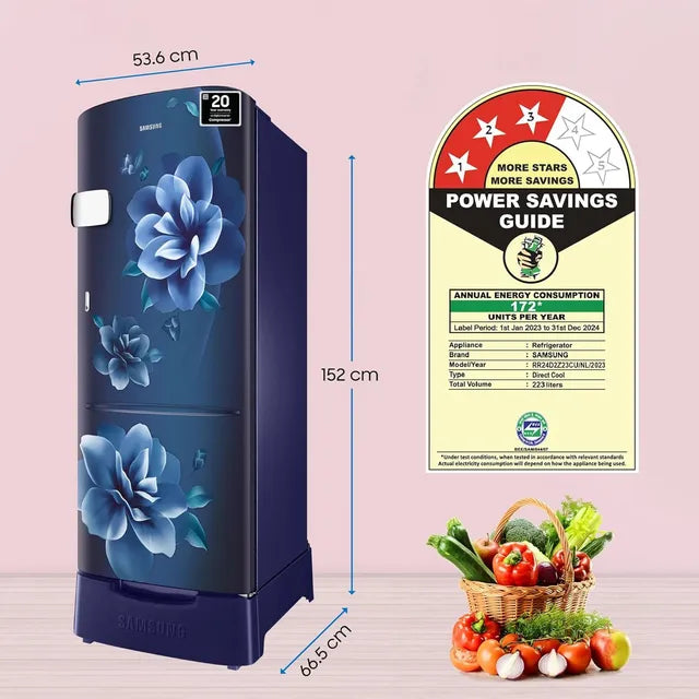 SAMSUNG 223 Litres 3 Star Direct Cool Single Door Refrigerator with Base Stand Drawer (RR24D2Z23CUNL, Camellia Blue)